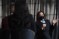 Democratic vice presidential candidate Sen. Kamala Harris, D-Calif., speaks to HBCU students during a campaign event, Friday, Oct. 23, 2020, in Atlanta. (AP Photo/John Amis)