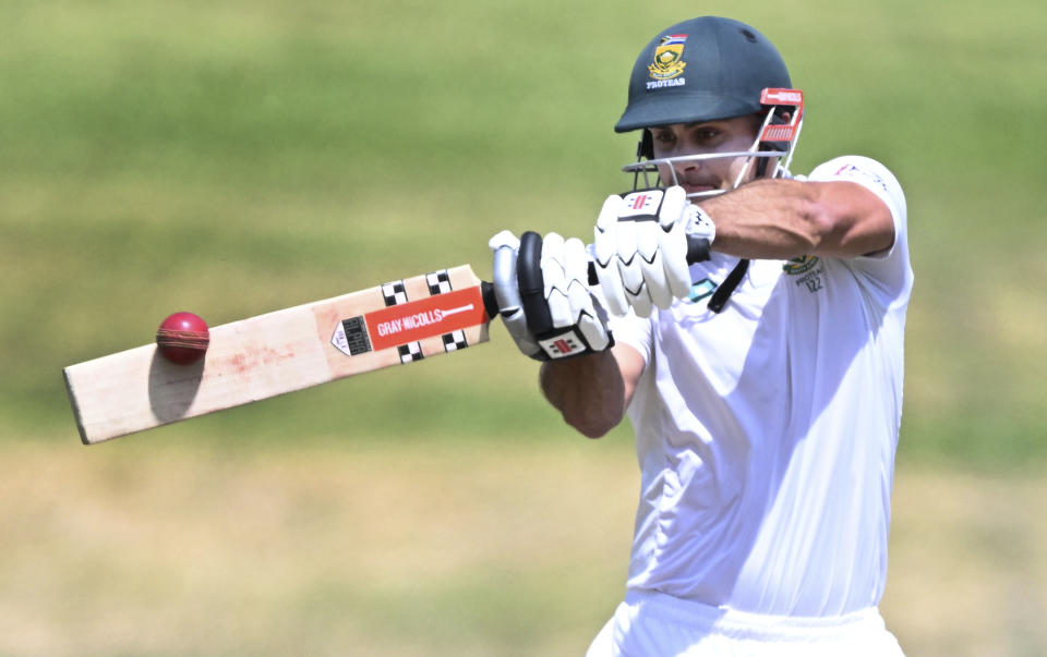 South Africa's David Bedingham bats against New Zealand on the third day of their cricket test in Hamilton, New Zealand. Thursday, Feb. 15, 2024. (Andrew Cornaga/Photosport via AP)