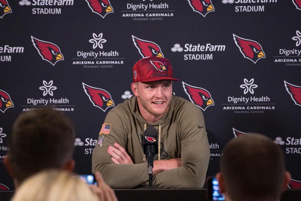 Tight end Trey McBride speaks to the media during a news conference at the Arizona Cardinals Dignity Health Training Center on April 15, 2024, in Tempe.