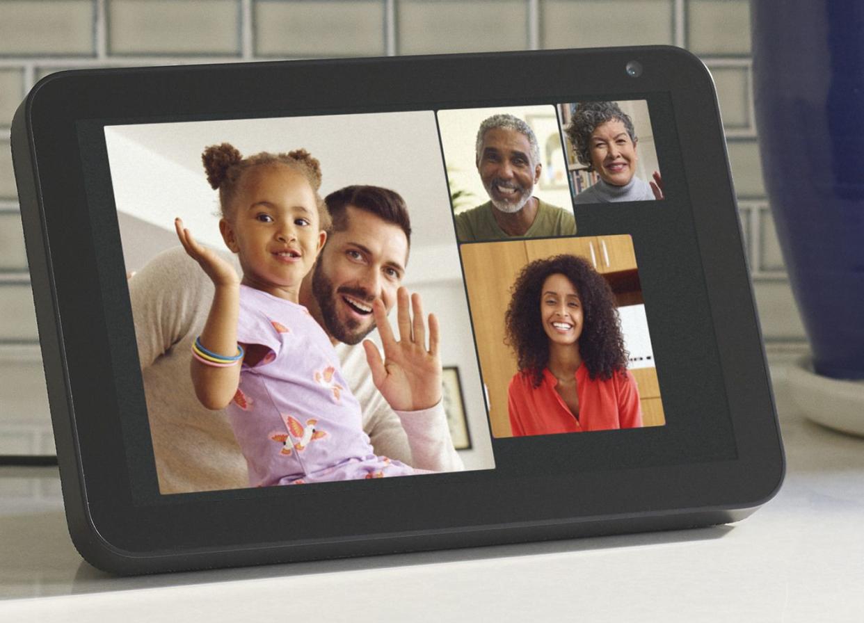 The Echo Show 8 displaying a group video call.