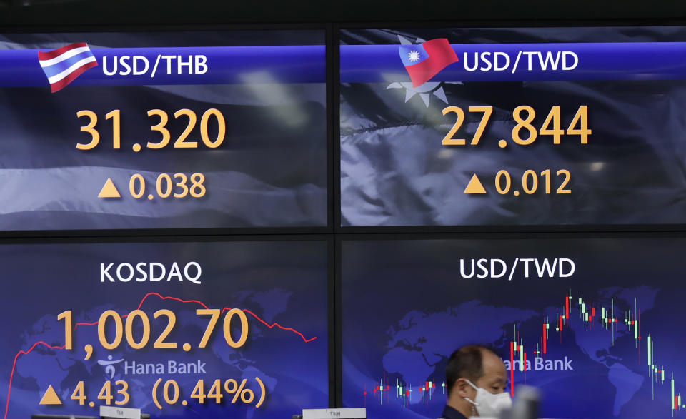 A currency trader walks near near the screens showing the Korean Securities Dealers Automated Quotations (KOSDAQ), left bottom, and the foreign exchange rates at the foreign exchange dealing room in Seoul, South Korea, Thursday, April 29, 2021. Asian shares rose Thursday and U.S. futures also were higher after President Joe Biden delivered a speech to Congress that outlined ambitious plans for jobs creating spending on early education, child care and other public services. (AP Photo/Lee Jin-man)