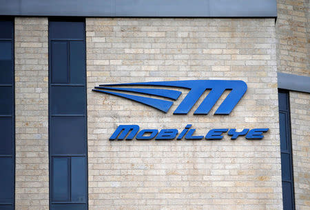 The logo of Israeli driverless technology firm Mobileye is seen on their office building in Jerusalem March 13, 2017. REUTERS/Ronen Zvulun