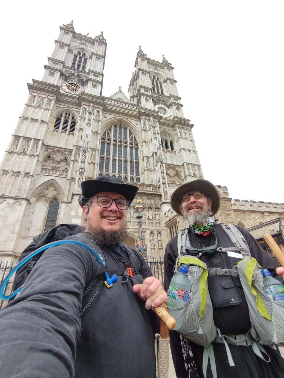 Father Moses and his first walking partner in front of Westminster Abbey.