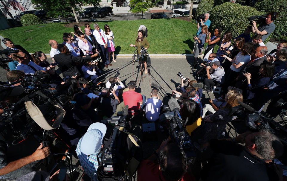 WASHINGTON, DC - MAY 31:  White House press secretary Sarah Sanders answers questions at the White House May 31, 2019 in Washington, DC. Sanders responded primarily to questions about potential tariffs with Mexico announced by U.S. President Donald Trump last night via Twitter. (Photo by Win McNamee/Getty Images)