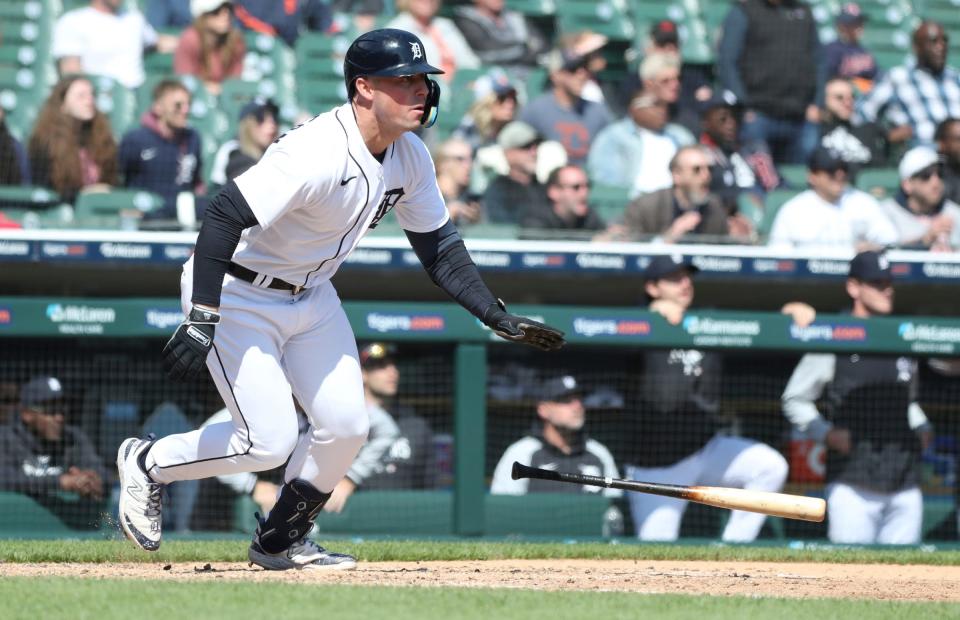 Detroit Tigers first baseman Spencer Torkelson (56) hits against the Cleveland Guardians at Comerica Park in Detroit on Wednesday, April 19, 2023.