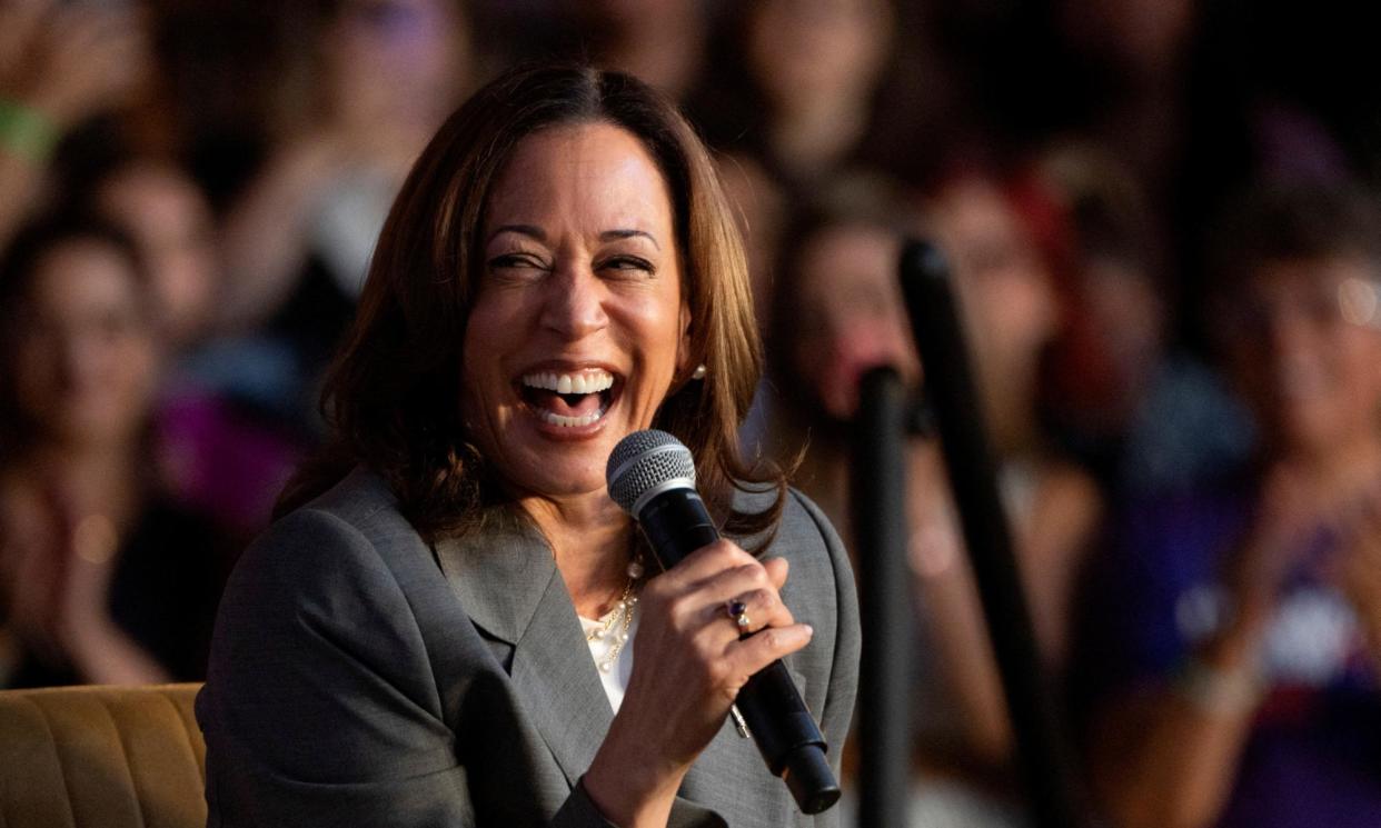 <span>Memes celebrate Kamala Harris’s verbal gymnastics.</span><span>Photograph: Rebecca Noble/Reuters</span>