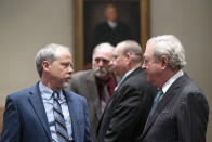 Prosecutor Creighton Waters, left, speaks with defense attorney Dick Harpootlian before witness testimony continues in Alex Murdaugh's double murder trial at the Colleton County Courthouse in Walterboro, S.C., Friday, Jan. 27, 2023. The 54-year-old attorney is standing trial on two counts of murder in the shootings of his wife and son at their Colleton County home and hunting lodge on June 7, 2021. (Joshua Boucher/The State via AP, Pool)
