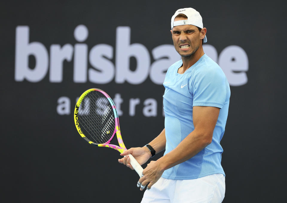 Rafael Nadal of Spain attends a training session ahead of the Brisbane International tennis tournament in Brisbane, Australia, Thursday, Dec. 28, 2023. (AP Photo/Tertius Pickard)