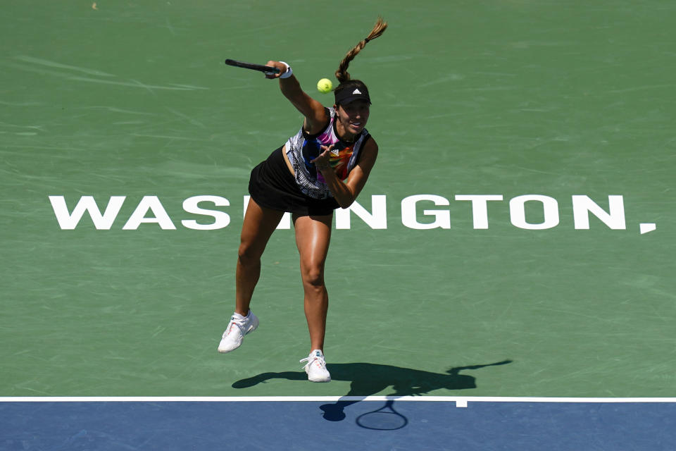 Jessica Pegula, of the United States, serves during a match against Daria Saville, of Australia, at the Citi Open tennis tournament in Washington, Wednesday, Aug. 3, 2022. (AP Photo/Carolyn Kaster)