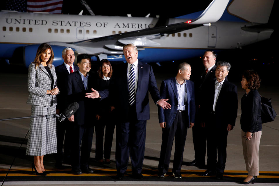 President Donald Trump talks to the media next to the three Americans formerly held hostage in North Korea, Tony Kim, Kim Hak-song and Kim Dong-chul (REUTERS/Joshua Roberts)