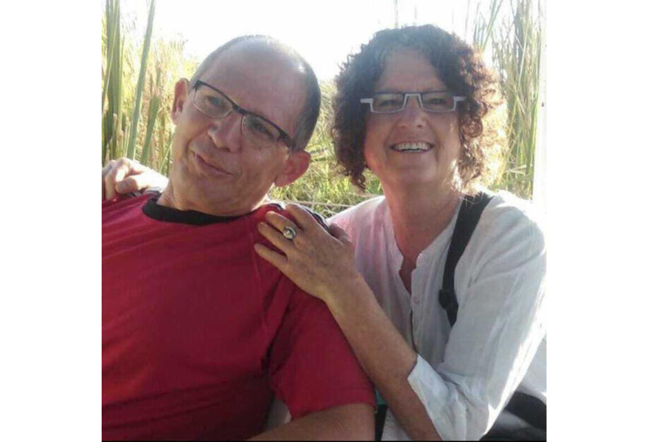 In this undated photo provided by Rachel Gur, Avshalom Haran and Shoshan Haran, residents of Kibbutz Be'eri, pose together. Avshalom Haran was confirmed dead this week after his body was identified in the wake of the Hamas attack. Shoshan Haran, his wife, is believed held captive in Gaza, along with up to seven other family members. (Rachel Gur via AP)