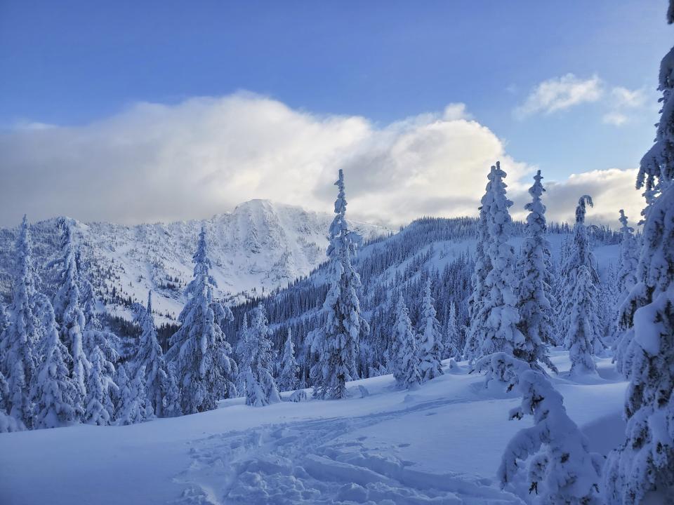 This Dec. 12, 2022 photo shows Stevens Peak, Idaho. Winter sport enthusiasts are heading to ski resorts and backcountry slopes ahead of the long Martin Luther King Jr. Day weekend. But a massive winter storm that dumped snow across much of the western U.S. also brought a high risk of avalanche conditions. (Benjamin Bernall/U.S. Forest Service via AP)