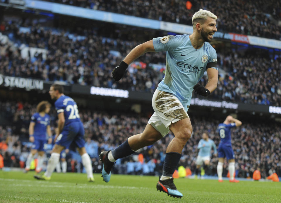 Manchester City's Sergio Aguero celebrates after scoring his side's third goal during the English Premier League soccer match between Manchester City and Chelsea at Etihad stadium in Manchester, England, Sunday, Feb. 10, 2019. (AP Photo/Rui Vieira)