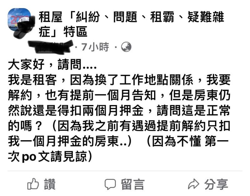 ▲網友提早解除房屋租約，也有先告知房東，卻仍遭扣兩個月押金。（圖／翻攝《租屋「糾紛、問題、租霸、疑難雜症」特區》）