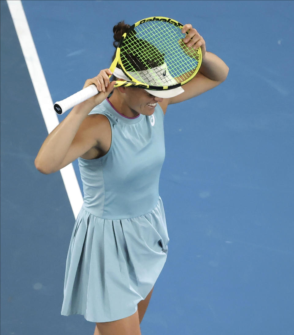 United States' Jennifer Brady reacts after losing a point to Japan's Naomi Osaka during the women's singles final at the Australian Open tennis championship in Melbourne, Australia, Saturday, Feb. 20, 2021.(AP Photo/Hamish Blair)