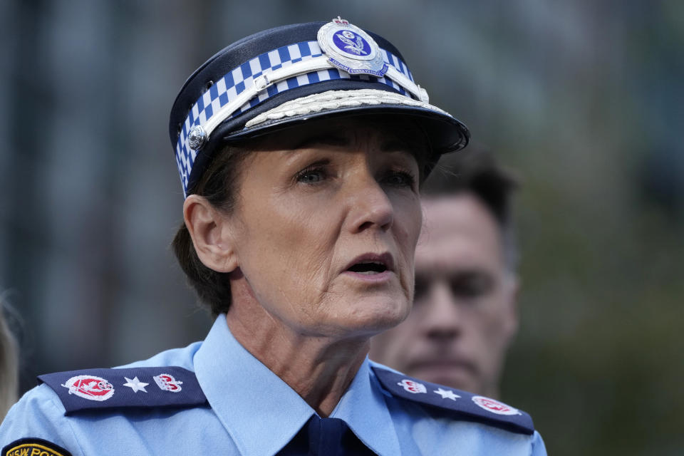 Karen Webb, police commissioner of New South Wales state, speaks to media at Bondi Junction in Sydney, Sunday, April 14, 2024, after several people were stabbed to death at a shopping center Saturday. Police have identified Joel Cauchi, 40, as the assailant that stabbed several people to death at a busy Sydney shopping center Saturday before he was fatally shot by a police officer. (AP Photo/Rick Rycroft)