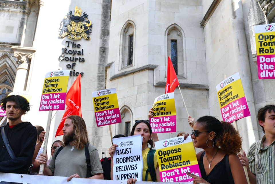 <em>A counter-protest against Robinson took place outside the Court of Appeal (PA)</em>