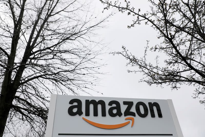 FILE PHOTO: Signage is seen at an Amazon facility in Bethpage on Long Island in New York