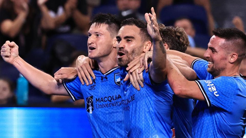 Sydney FC players Joe Lolley, Anthony Caceres and Robert Mak.