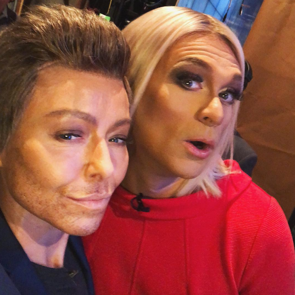 <p>The hosts of <i>Live With Kelly and Ryan</i> conducted a “#Halloween life swap,” Seacrest quipped. “The treat was playing @kellyripa, the trick was the transformation #LIVEHalloween.” (Photo: Instagram/Ryan Seacrest) </p>