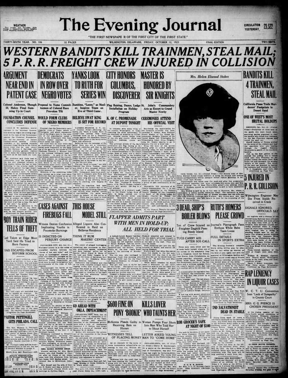 Front page of The Evening Journal from Oct. 12, 1923.