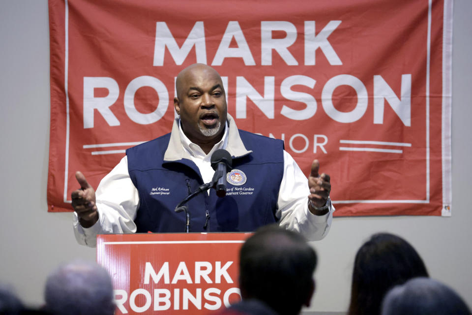 FILE - North Carolina Lt. Gov. Mark Robinson, a Republican candidate for North Carolina governor, speaks at a rally Friday, Jan. 26, 2024, in Roxboro, N.C. While taking dramatically different paths, Attorney General Josh Stein and Robinson have emerged as frontrunners for their parties' nominations for governor next month in the race to succeed term-limited Democrat Roy Cooper in the nation's ninth largest state. (AP Photo/Chris Seward, File)