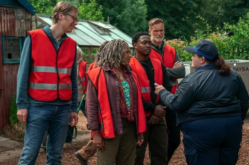 Greg (Stephen Merchant), Myrna (Clare Perkins), Ben (Gamba Cole), John (Darren Boyd) & Diane (Jessica Gunning) in the new series of the BBC's The Outlaws