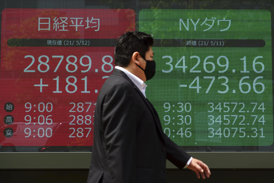 A man wearing a protective mask walks past an electronic stock board showing Japan's Nikkei 225 and New York Dow indexes at a securities firm Wednesday, May 12, 2021, in Tokyo. Asian stock markets retreated Wednesday as investors looked ahead to U.S. data they worry will show inflation is picking up.(AP Photo/Eugene Hoshiko)