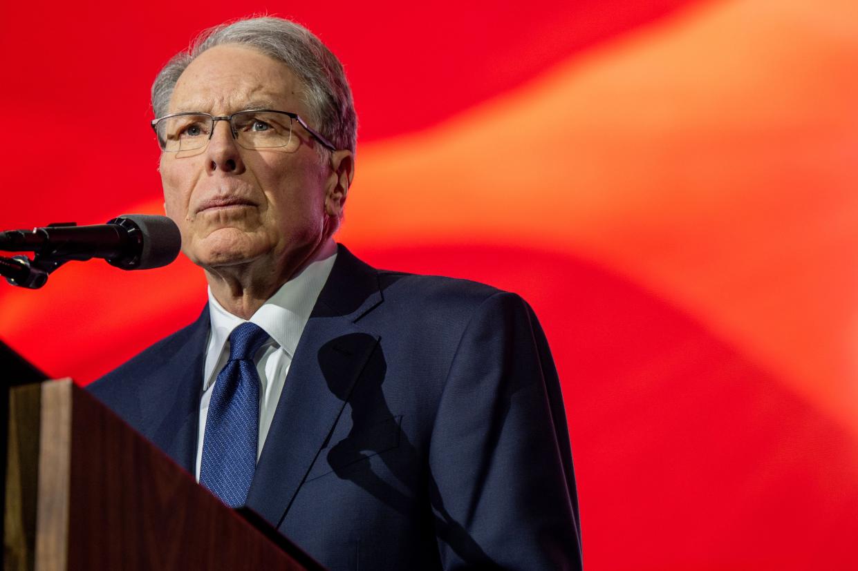 Wayne LaPierre prepares to speak at the George R. Brown Convention Center during the National Rifle Association (NRA) annual convention on May 27, 2022 in Houston, Texas.