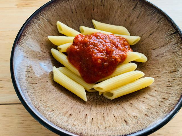 Trader Joe's tomato-basil marinara sauce on penne pasta