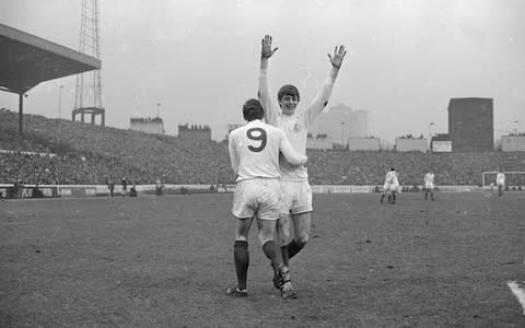 Leeds United forward Mick Jones congratulating Allan Clarke after his goal gave Leeds United the lead in the first division match at Stamford Bridge - Credit: Getty images