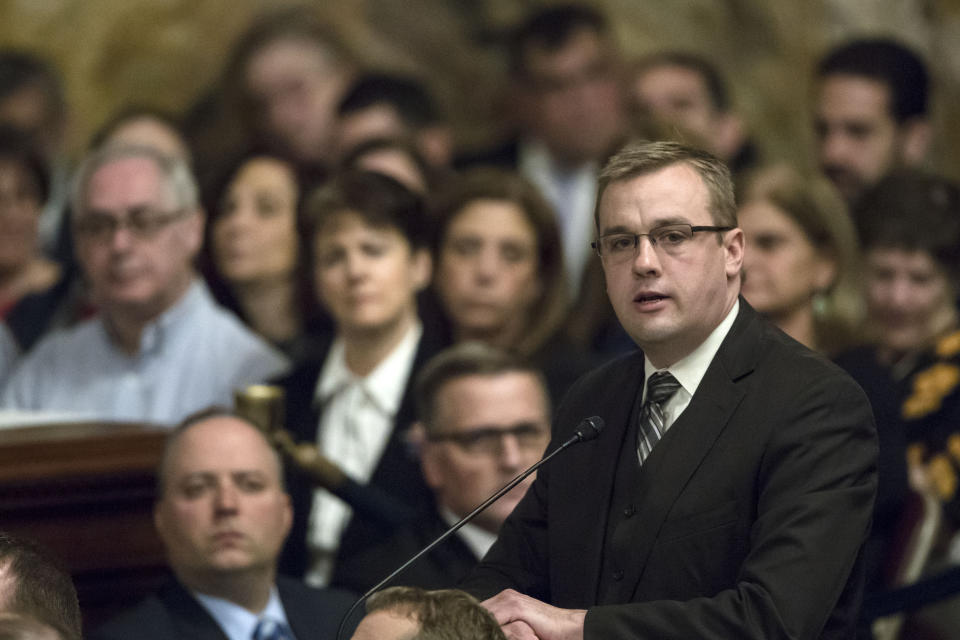 House Majority Leader Bryan Cutler, R-Lancaster, speaks before Pennsylvania lawmakers who came together in an unusual joint session to commemorate the victims of the Pittsburgh synagogue attack that killed 11 people last year, Wednesday, April 10, 2019, at the state Capitol in Harrisburg, Pa. (AP Photo/Matt Rourke)