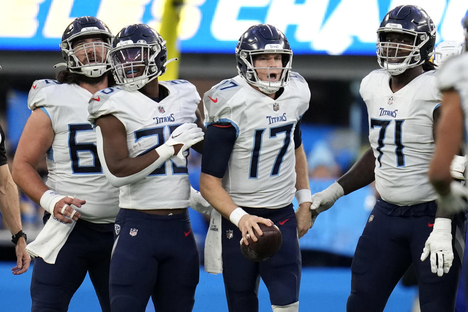 Tennessee Titans quarterback Ryan Tannehill (17) reacts after being sacked against the Los Angeles Chargers during the second half of an NFL football game in Inglewood, Calif., Sunday, Dec. 18, 2022. (AP Photo/Ashley Landis)