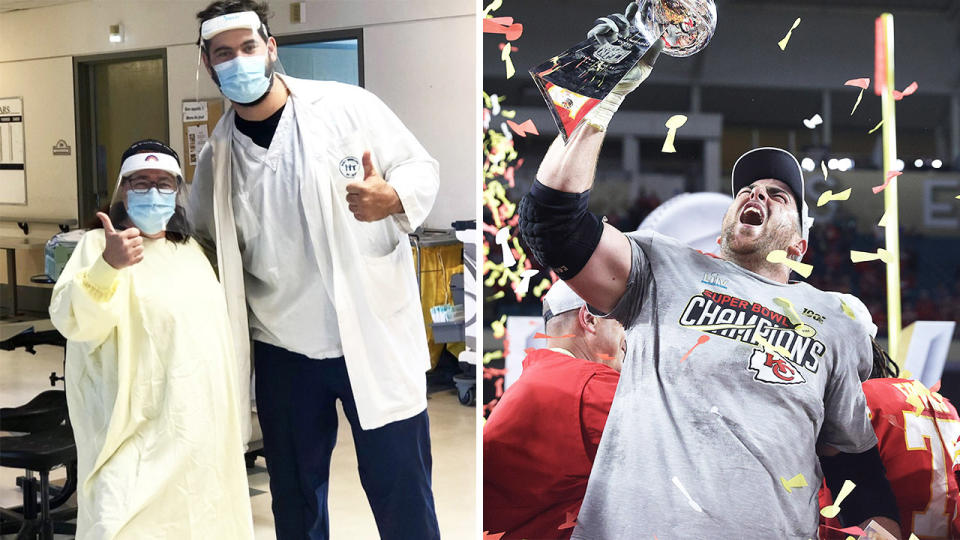 NFL star Laurent Duvernay-Tardif (pictured left with a nurse) and (pictured right) holding the Super Bowl.