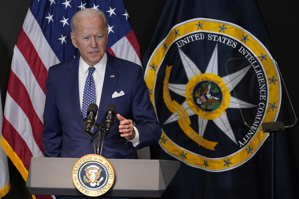 President Joe Biden speaks during a visit to the Office of the Director of National Intelligence in McLean, Va., Tuesday, July 27, 2021. This is Biden's first visit to an agency of the U.S. intelligence community. (AP Photo/Susan Walsh)