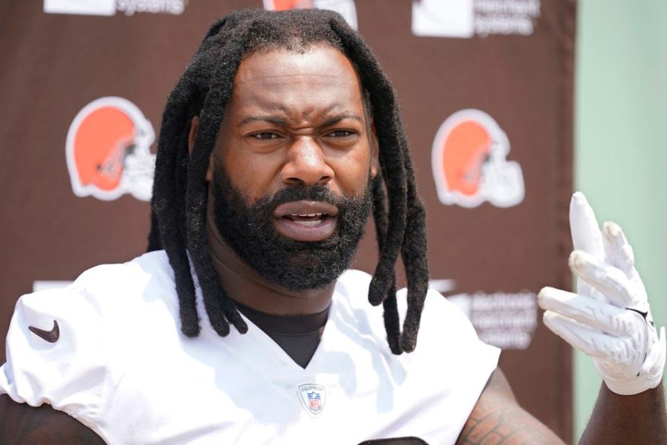 Cleveland Browns defensive end Za'Darius Smith answers a question during a news conference following an NFL football practice, Wednesday, May 24, 2023, in Berea, Ohio. (AP Photo/Sue Ogrocki)