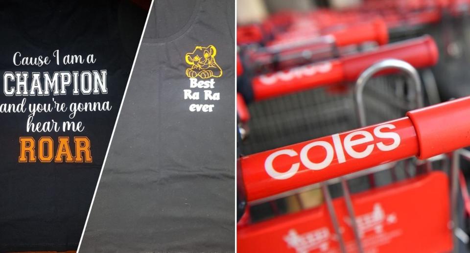 Custom t-shirt given to Coles staffer (left), Coles supermarket trolleys (right).