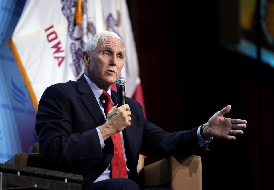 FILE - Republican presidential candidate and former Vice President Mike Pence speaks at the Iowa Faith & Freedom Coalition's fall banquet, Saturday, Sept. 16, 2023, in Des Moines, Iowa. (AP Photo/Bryon Houlgrave, File)