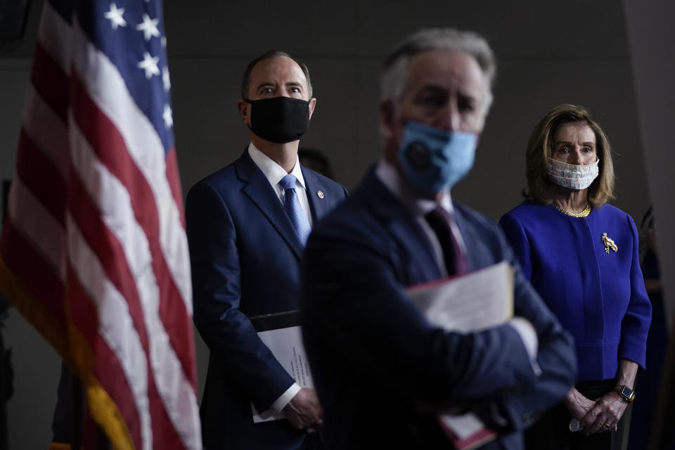 Rep. Adam Schiff (D-Calif.), Rep. Richard Neal (D-Mass.) and Speaker of the House Nancy Pelosi (D-Calif.) attend a news conference in September 2020. Congressional Democrats are renewing efforts to obtain copies of former President Donald Trump's tax returns.  (Photo: Drew Angerer via Getty Images)