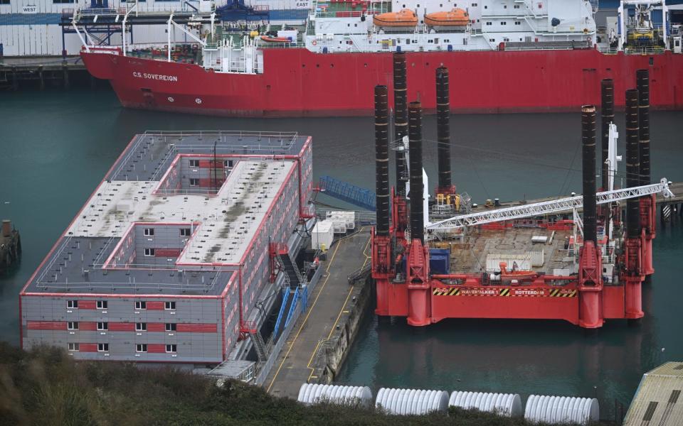 Bibby Stockholm Barge on December 12, 2023 in Portland, England. Police are investigating the death of an asylum seeker housed on board the Bibby Stockholm migrant barge.