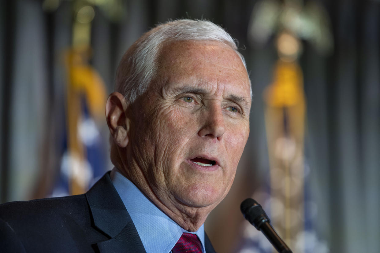 FILE - Former Vice President Mike Pence speaks at a Coolidge and the American Project luncheon in the Madison Building of the Library of Congress, Feb. 16, 2023, in Washington. Pence, another likely 2024 contender who has long promoted religious conservatism, has been one of the GOP's most aggressive anti-abortion voices since the Supreme Court's ruling. On the campaign trail in recent weeks, he highlighted his commitment to go further. (AP Photo/Alex Brandon, File)