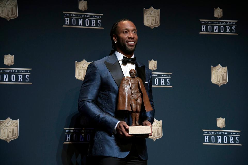 Arizona Cardinals wide receiver Larry Fitzgerald speaks to the media after being named the co-winner of the Walter Payton NFL Man of the Year award during the 6th Annual NFL Honors at Wortham Theater in Houston on Feb. 4, 2017.