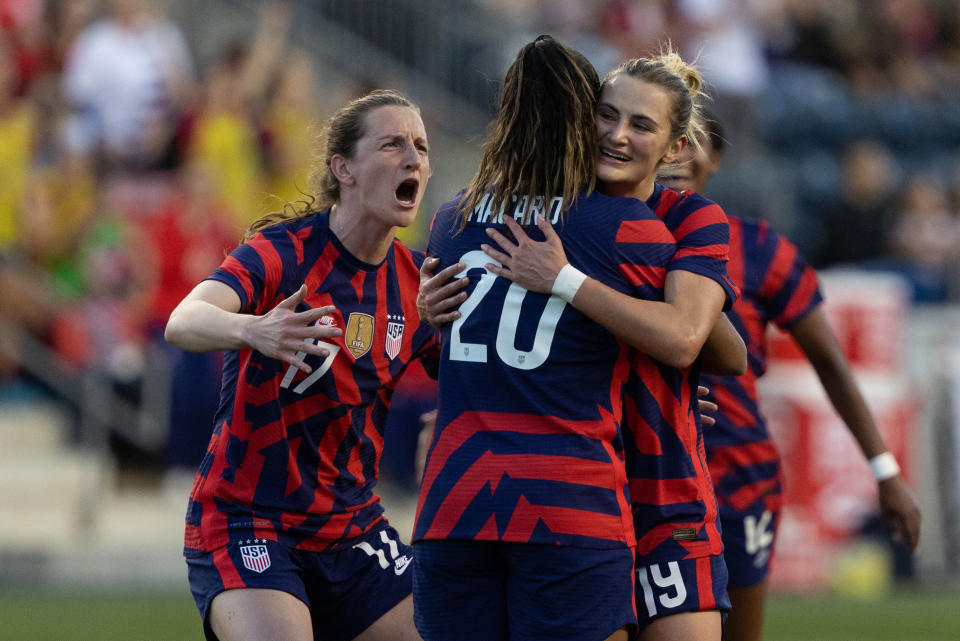 Apr 12, 2022; Chester, Pennsylvania; Women's soccer player Catarina Macario celebrates scoring against Uzbekistan. (Photo: Bill Streicher-USA TODAY Sports)