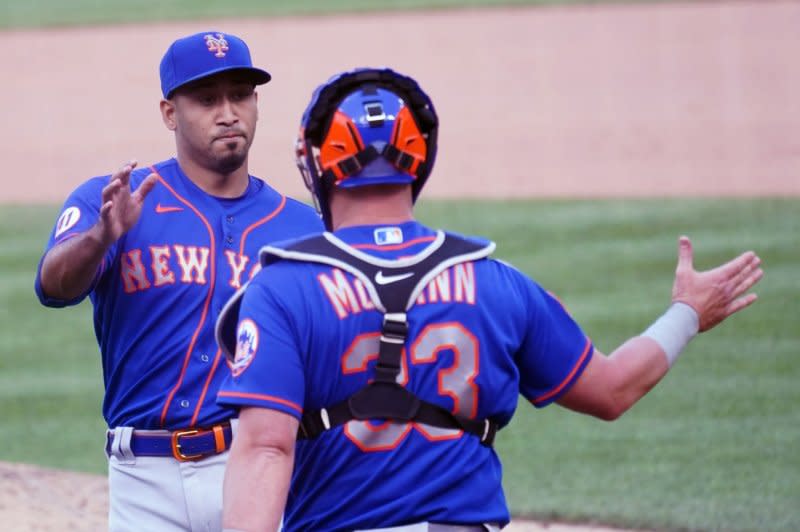 New York Mets pitcher Edwin Diaz (L) owns a 3.03 ERA over 427 career appearances. File Photo by Bill Greenblatt/UPI