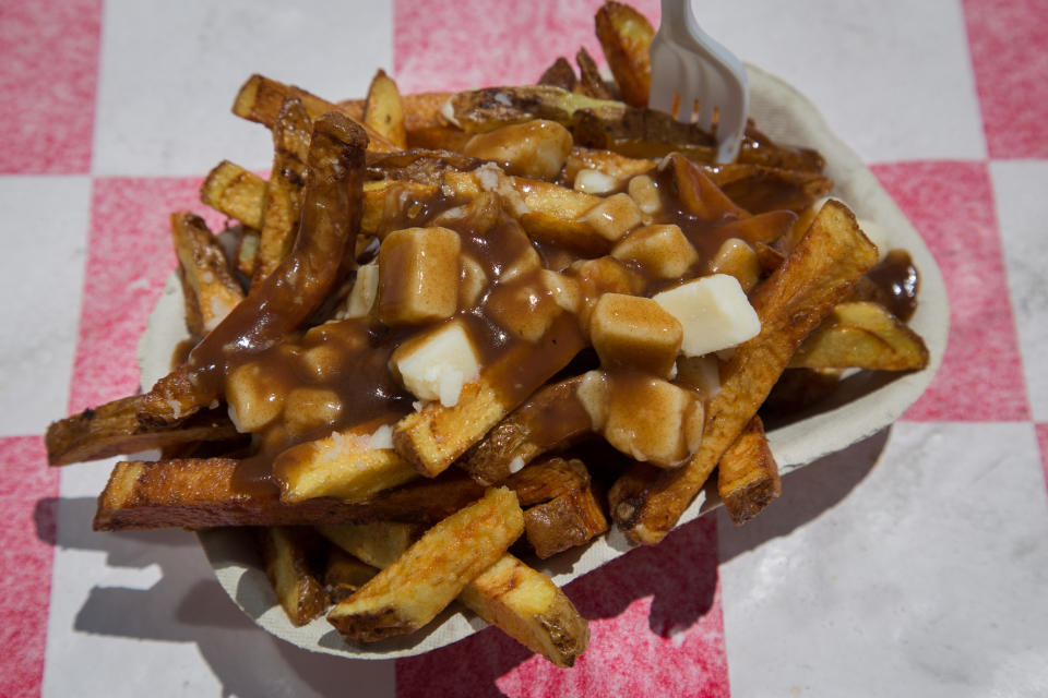 High view of a serving of Poutine