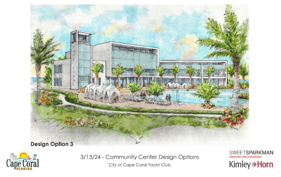 Design option three for the new Cape Coral Community Center at the Yacht Club featured a more contemporary and modern approach to the building. It was presented, along with two other designs, at the March 13 committee of the whole meeting.