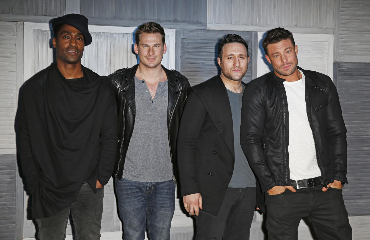 LONDON, ENGLAND - MARCH 09:  (L to R) Simon Webbe, Lee Ryan, Antony Costa and Duncan James of Blue arrive at a party hosted by Instagram's Kevin Systrom and Jamie Oliver. This is their second annual private party, taking place at Barbecoa on March 9, 2015 in London, England.  (Photo by David M. Benett/Getty Images for Instagram)