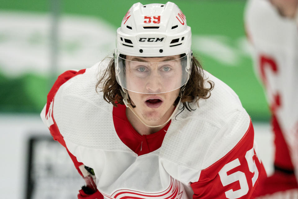 FILE - Detroit Red Wings left wing Tyler Bertuzzi (59) waits for the puck to drop during an NHL hockey game against the Dallas Stars in Dallas, in this Thursday, Jan. 28, 2021, file photo. Bertuzzi is the only unvaccinated Detroit Red Wings player going into training camp and faces the potential of missing all of his team's games in Canada this season as a result, general manager Steve Yzerman said Wednesday, Sept. 22, 2021. (AP Photo/Jeffrey McWhorter, File)