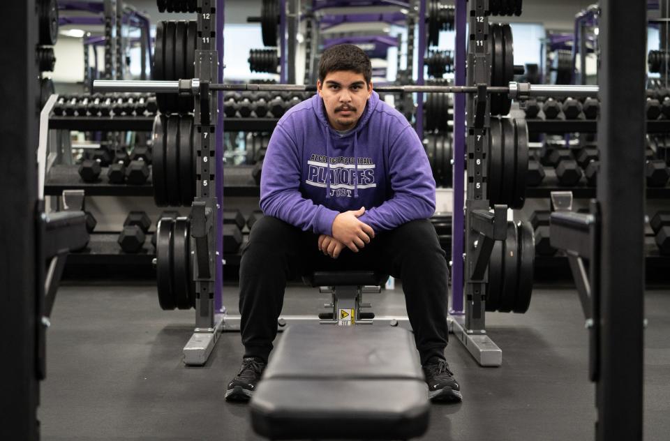 A portrait of Marco Palafox in the weight room, January 30, 2023, at Arizona College Prep High School, Chandler, Arizona.