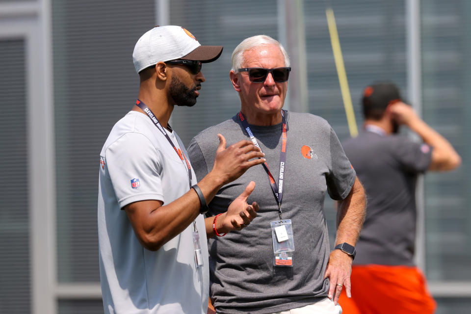 Andrew Berry, Cleveland Browns general manager, and Cleveland Browns owner Jimmy Haslam have gone all in on trading for Deshaun Watson. (Frank Jansky/Icon Sportswire via Getty Images)